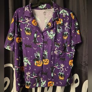 Purple Halloween-Themed Button-Up Pajama Shirt